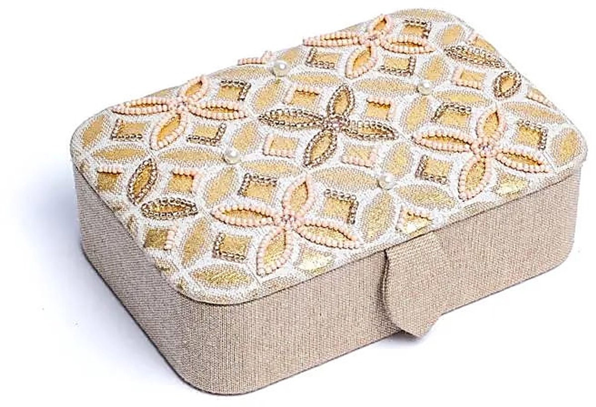 Sieraden / tarotdoos fluweel beige/goud met Bloem des Levens