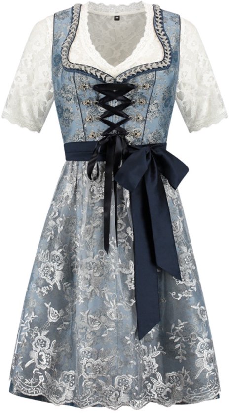 Oktoberfest Dirndl Deluxe - Blauw- Fleurs, Tablier en dentelle - Taille 38