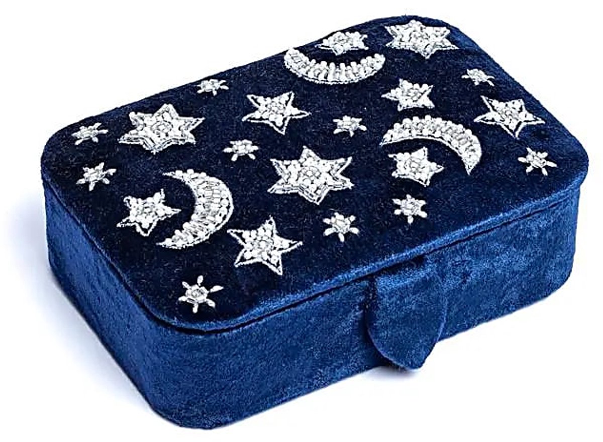 Sieraden / tarotdoos fluweel donkerblauw met maan en sterren