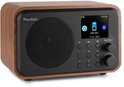 DAB radio met houten behuizing, zwart front met luidspreker, display en bedieningsknoppen.