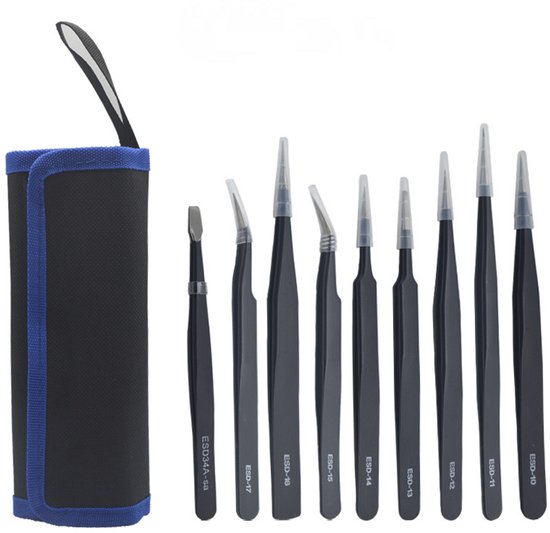 Foto: 9 delige set pincetten set voor elektronica solderen laboratoriumwerk sieraden maken modelbouw en knutselen zwart rvs