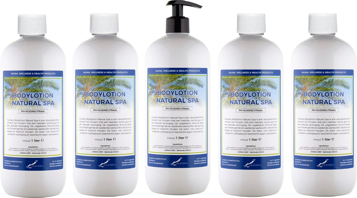 Bodylotion Natural Spa 1 Liter - met gratis pomp - set van 5 stuks - Voordeelverpakking