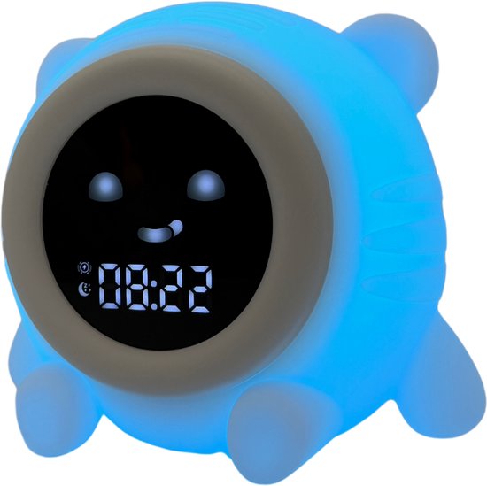 Blauwe wekker met beren-uiterlijk, verlicht met LED-lampjes. Toont '08:22'.