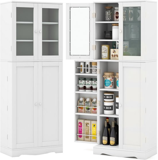 Costway Keukenkast van hout, hoge kast met glazen deuren, keukenbuffet, vrijstaand, multifunctioneel, met kantelbeveiliging, opbergkast voor keuken, eetkamer, woonkamer, 60 x 31,5 x 161,5 cm