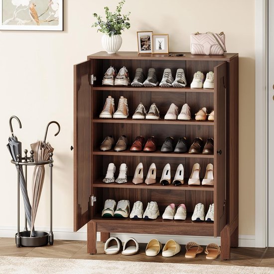 Meuble à Chaussures 5 Niveaux Avec Portes Persiennes - 20 Paires, étagères Réglables - Noyer, Pour Entrée, Couloir - 3