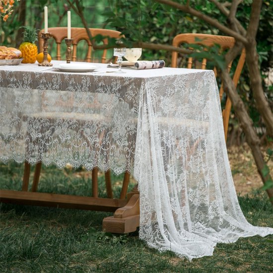 auons Vintage wit kant tafelkleed bloemen geborduurde ruches vierkant tafelkleed, Franse rustieke gehaakte volants tafelkleed voor bruiloft feest banket decoratie, 152 x 152 cm