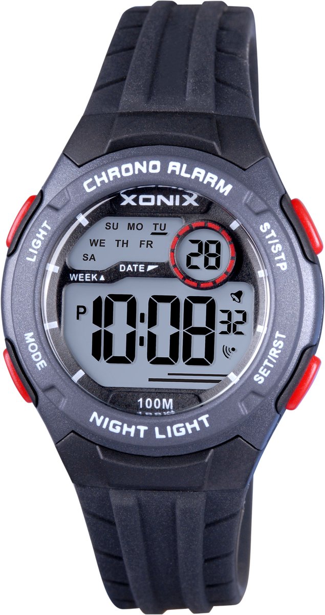 Xonix BBO-007 - Horloge - Polshorloge - Digitaal - Kinderen - Unisex - Rond - Siliconen band - ABS - Schermverlichting - Alarm - Datumaanduiding - Start-Stop - Tweede tijdzone - 12-24H - Chronograaf - Zwart - Grijs - Rood