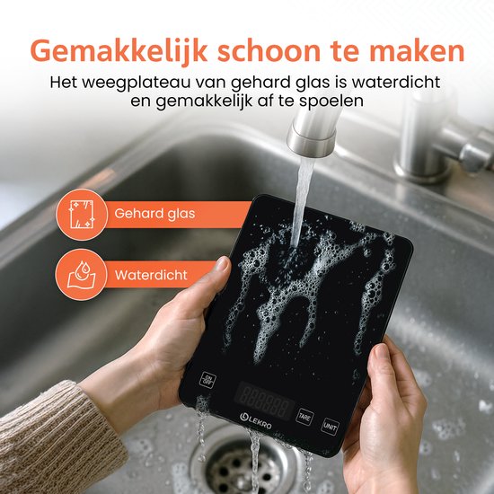 Lekro Digitale Precisie Keukenweegschaal – Weegschaal Keuken - 1gr-15kg – Tarra Functie - Zwart