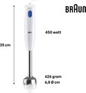 Witte Braun staafmixer met zilveren voet, 35 cm lang. Tekst vermeldt 450 watt, 626 gram en 6,8 cm diameter.