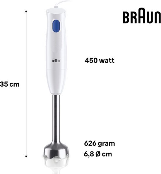 Witte Braun staafmixer met zilveren voet, 35 cm lang. Tekst vermeldt 450 watt, 626 gram en 6,8 cm diameter.