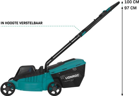 Tondeuse à gazon sans fil VONROC 20 V – Largeur de coupe 32 cm - Moteur sans balais - Trois hauteurs de coupe réglables : 30/50/70 mm - Bac de ramassage 30 L inclus - Batterie 4,0 Ah et chargeur rapide inclus