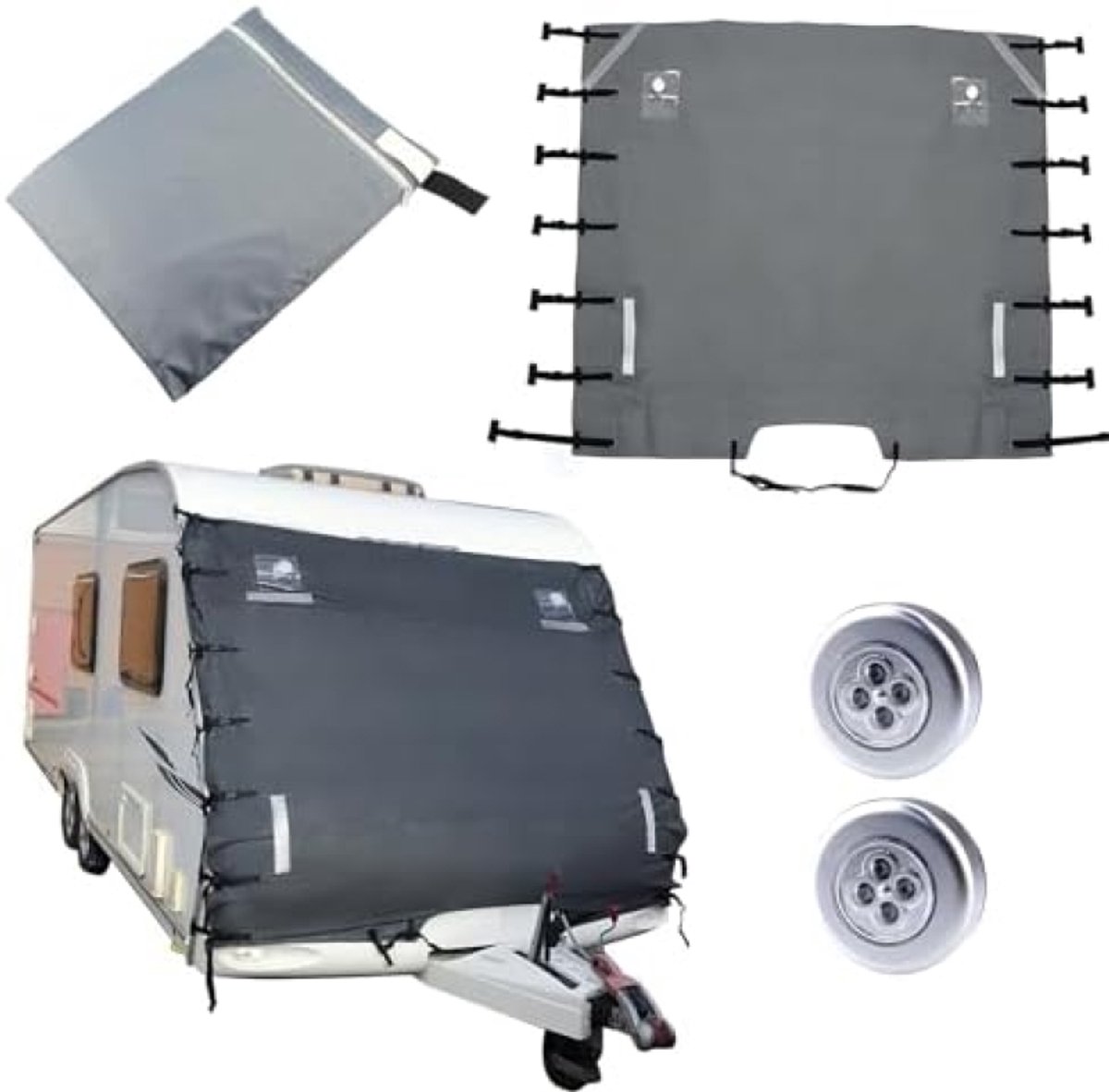 Universele Caravan Beschermhoes met LED Verlichting en Reflecterende Strepen - Waterdicht en Ademend - Geschikt voor de meeste Caravans - Grijs