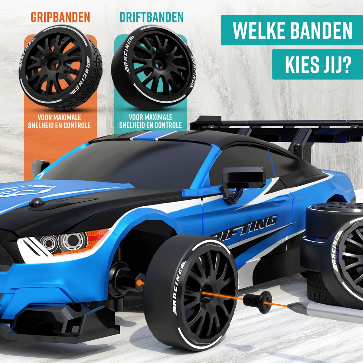 Napi Bestuurbare RC Auto - Drift Car met 2 Accu’s, LED & Accessoires - 15 km/h - Buitenspeelgoed - Race Autos voor Jongens & Volwassenen - Buiten Speelgoed - Speelgoedauto Radiografisch - Drift King — afbeelding 3