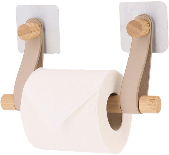 Toiletrolhouder met bamboe en beige kunstleer, met rol toiletpapier en kleefhaken.
