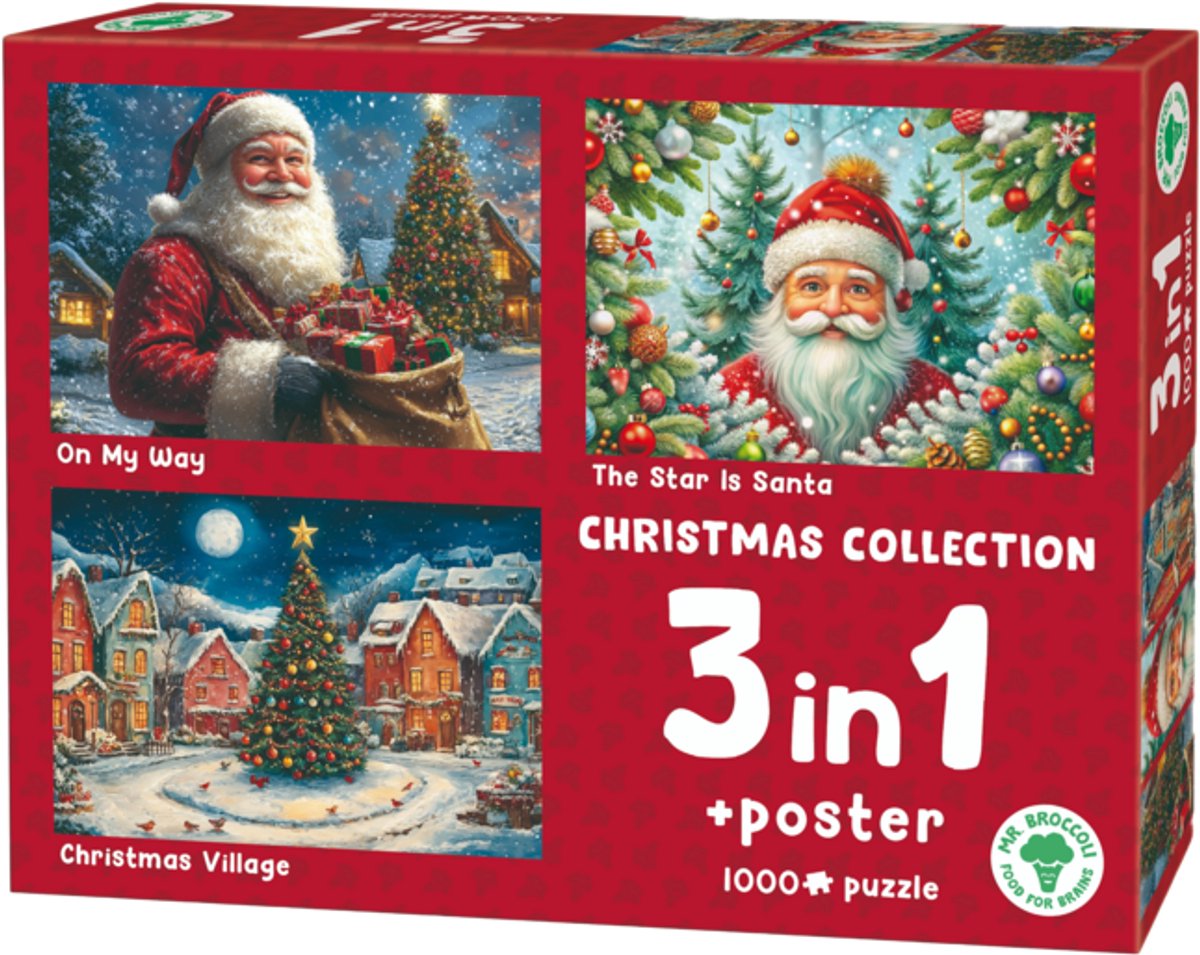 Mr. Broccoli Kerstpuzzel 3 x 1000 stukjes - 3 in 1 puzzel kerstmis - kerstman en kerstboom - inclusief poster - fsc® - 68 x 48 cm - legpuzzel kerst - kerstpuzzels voor volwassenen