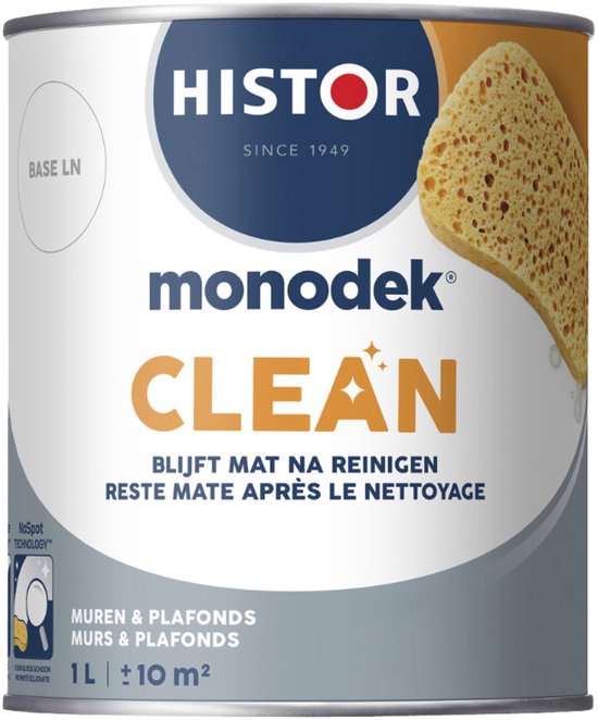 Blik Histor Monodek Clean verf, 1L, wit, met een spons en de tekst 'Blijft mat na reinigen'.