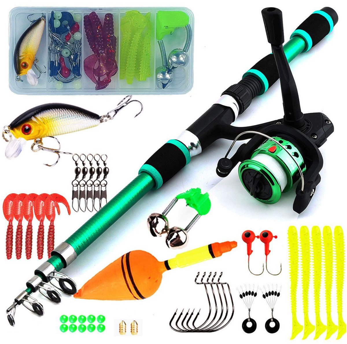 Kindervishengel - 1,8 m lang - Met opbergrol en accessoires - Veilig speelgoed - Groen - 1 st.
