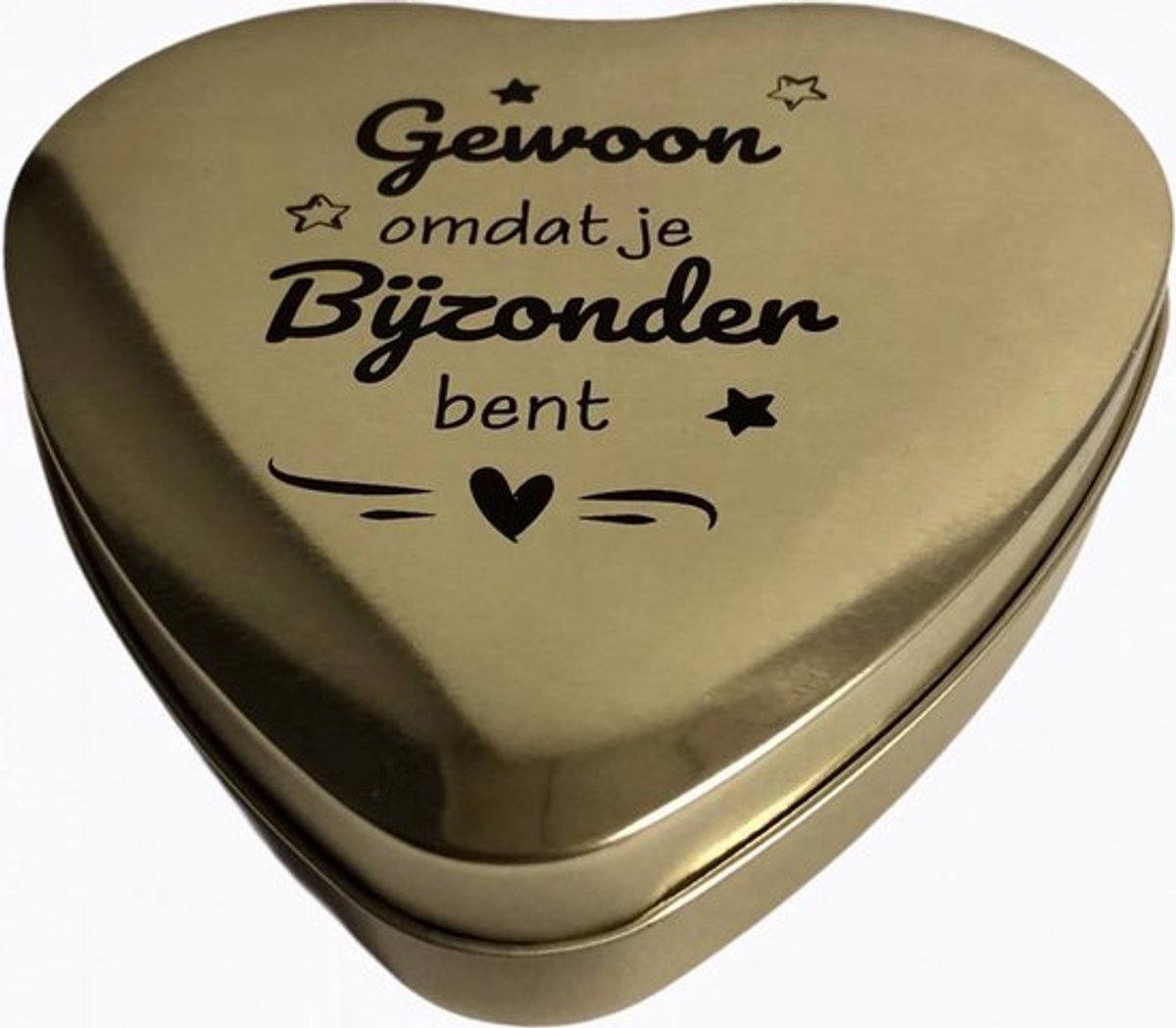 Snoep - Hartjesblik - Gevuld met toffees - Goudkleurig - Opdruk: "Gewoon omdat je bijzonder bent" - Cadeauverpakking met gekleurd lint