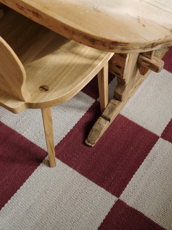 Layered Chess Flatweave Burgundy Vloerkleed - 200 x 300 cm - Rood,Wit - Rectangular - Wol - Eetkamer, Woonkamer, Slaapkamer - Geometrisch - Retro, Modern