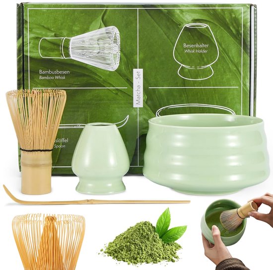 Foto: 4 delige matcha thee gereedschapset traditionele matcha theezetset natuurlijk bamboehout inclusief garde lepel kom keramische standaard