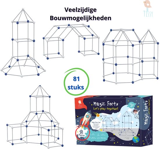 Tissy® - Bouw je Eigen Fort - Premium Kwaliteit - Constructie Speelgoed - Bouwset Hut - Bouwpakket Tent - 81 stuks - Bouw je Eigen Tent - Geschikt voor binnen en buiten - Leerzaam - Cadeau - Speelgoed - Sinterklaas
