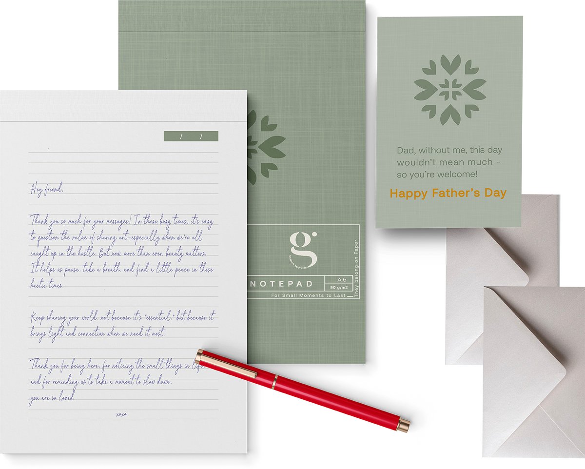 Glimmery Moments® | Briefpapier Cadeauset voor Hippe Vader | Greenwood | Inclusief Notitieboek, Enveloppen & Goudfolie Wenskaart | Onder €20