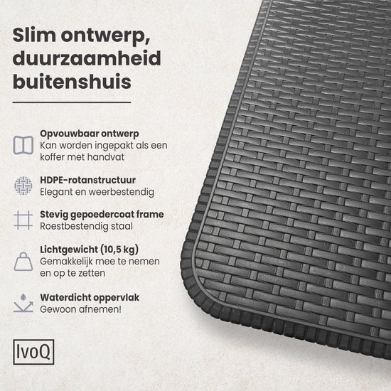 Zwart, opvouwbaar tafelblad met rotan-look patroon. Stevig gepoedercoat frame.