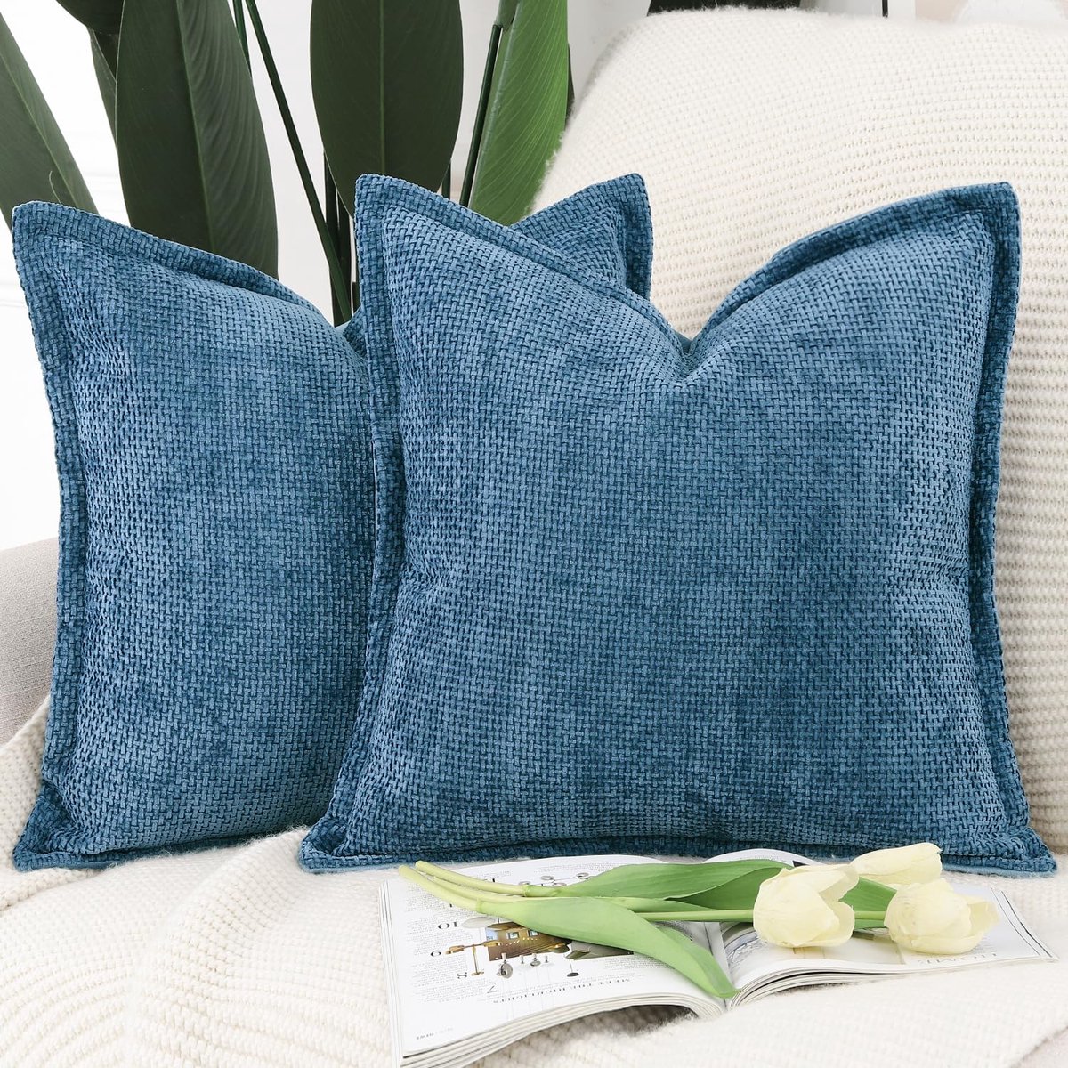 Ibenzoa® Klassieke Set van 2 Luxe Chenille en Fluweel Kussenhoezen met Stijlvolle Rand, Donkerblauw, 50 x 50 cm