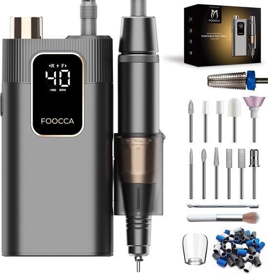 Foto: Foocca portable elektrische nagelvijl 40000 rpm draadloos en oplaadbaar nagelfrees manicure en pedicure set eeltverwijderaar draagbaar broekriemclip 12 bitjes en 65 schuurrolletjes uitbreidbaar 2 extra accessoires