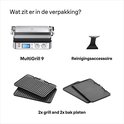 Inhoud van de verpakking: de contactgrill, een reinigingsaccessoire, twee grillplaten en twee bakplaten.