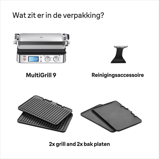 Inhoud van de verpakking: de contactgrill, een reinigingsaccessoire, twee grillplaten en twee bakplaten.