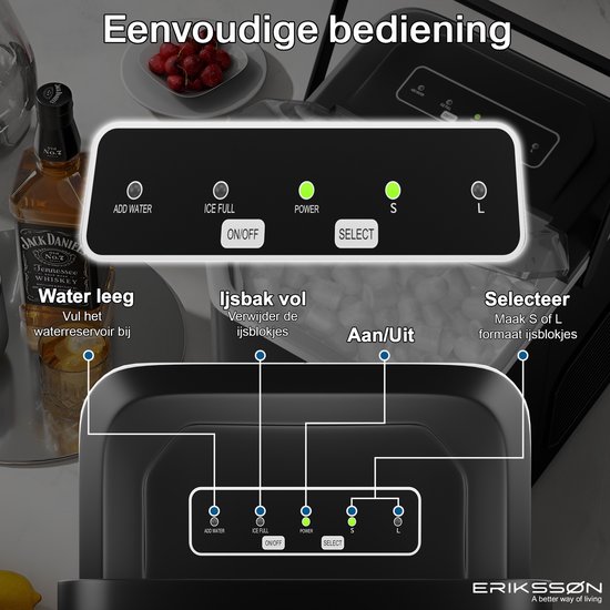Erikssøn IJsblokjesmachine - IJsblokjesmaker - IJsschep - 12kg/24 uur - Draagbaar - Zelfreinigingsfunctie - Zwart van Erikssøn — afbeelding 3