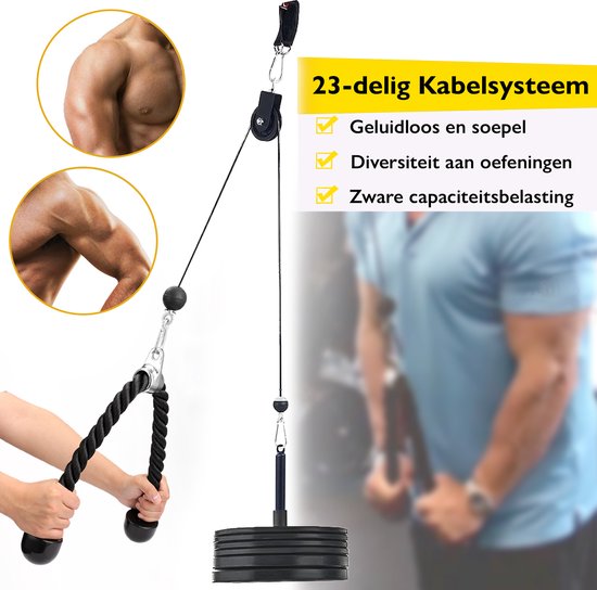 Zoluko Home Fitness Kabelsysteem 23-delige set - Incl. E-book - Krachtstation voor Thuis Sporten - Incl. Triceps Touw, Biceps Stang en Handgrepen - 100kg Draagkracht - Eenvoudige Bevestiging - Krachttraining - Lat Pulley - Home Gym - Zwart/Zilver