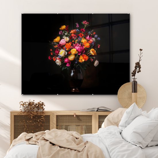 MuchoWow® Peinture sur verre 120x90 cm - Peinture acrylique sur verre - Colorée - Bouquet - Vase - Brun foncé - Photo sur verre - Décoration murale salon - Décoration murale chambre - Peintures