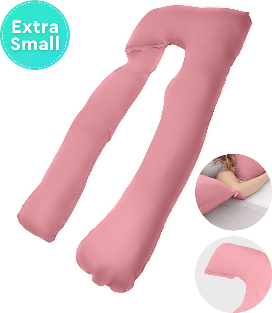 XS Lichaamskussen met Afritsbare Kussen - Geschikt voor Kleinere Dames en Kinderen (tot 1.65m) - Zwangerschapskussen - Kniekussen - Voedingskussen - 140x65 cm - Roze