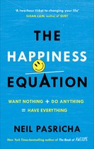 Boekcover 'The Happiness Equation' met gele tekst op blauwe achtergrond. Bevat een lachende smiley op een weegschaal.