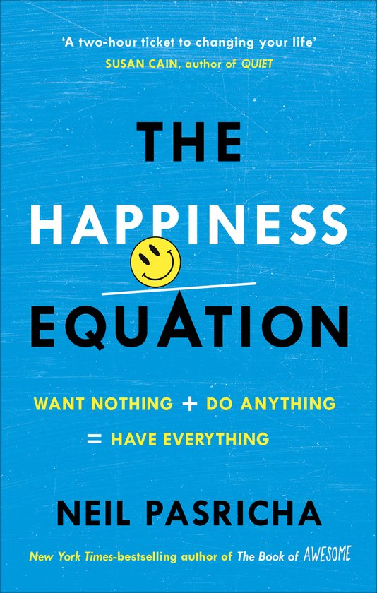 Boekcover 'The Happiness Equation' met gele tekst op blauwe achtergrond. Bevat een lachende smiley op een weegschaal.