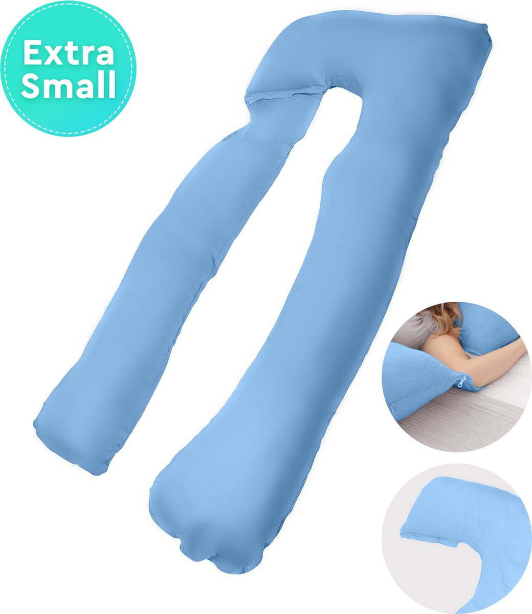 XS Lichaamskussen met Afritsbare Kussen - Geschikt voor Kleinere Dames en Kinderen (tot 1.65m) - Zwangerschapskussen - Kniekussen - Voedingskussen - 140x65 cm - Lichtblauw
