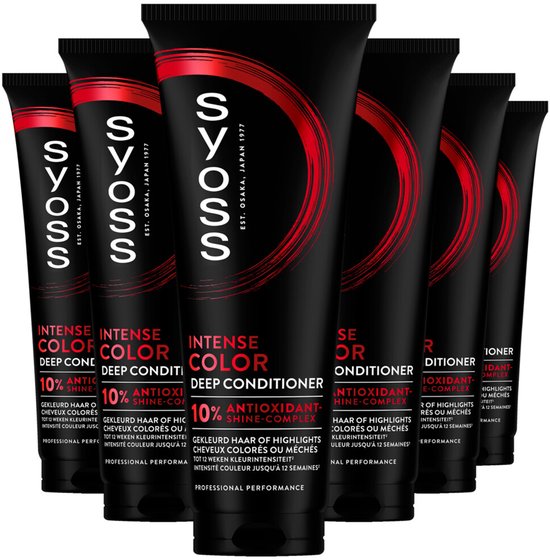 Six tubes Syoss Intense Color Deep Conditioner alignés. Tubes noirs avec des accents rouges.