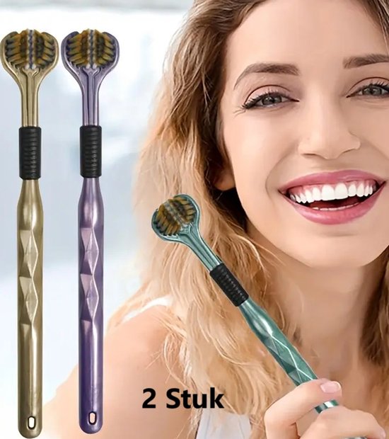 2x 3-Zijdige Tandenborstels I Met Zachte Nylon Borstelharen I Multi-Hoek Tandenborstels I Incl. Zachte Tongschraper I Antislip Handgreep