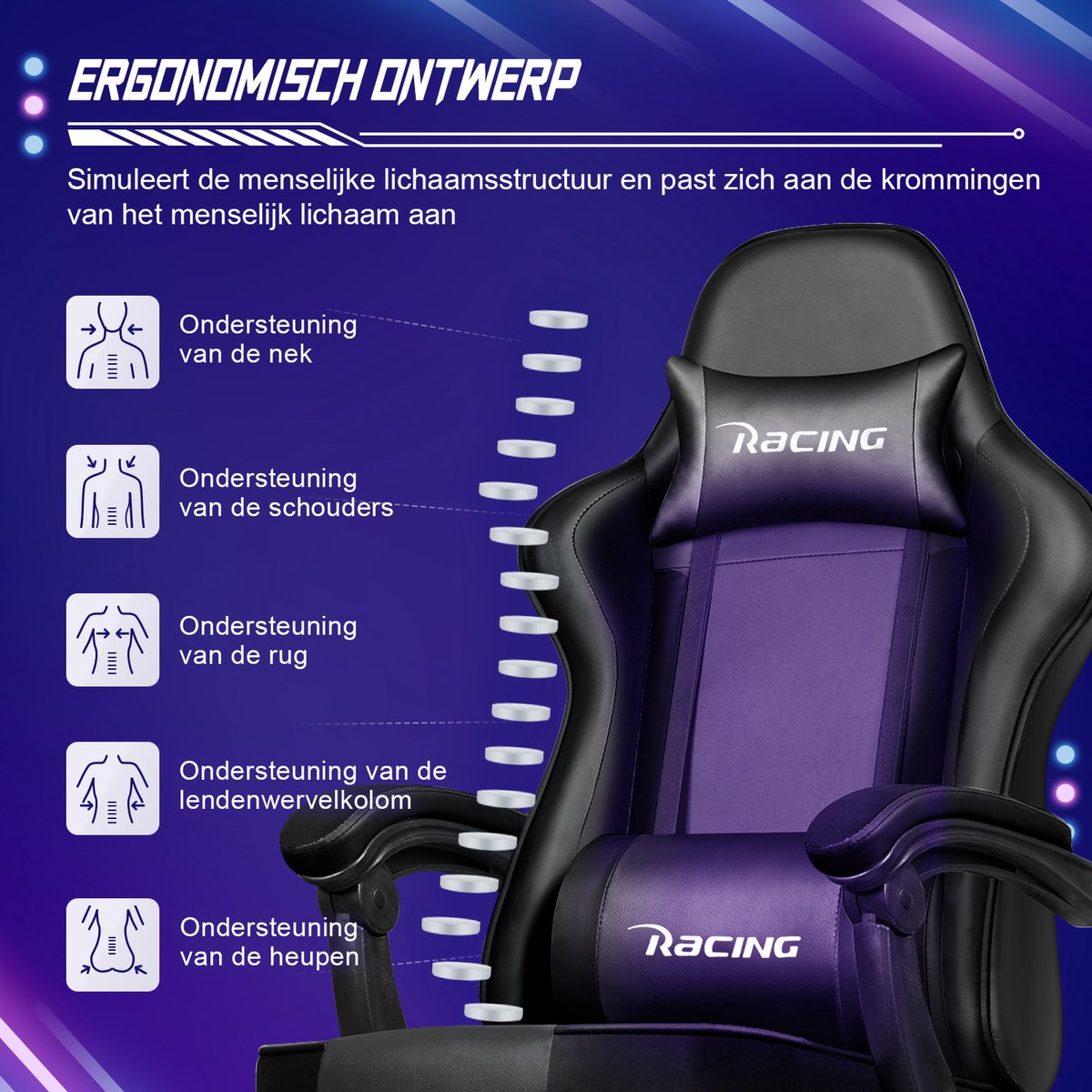 Afbeelding 3 van Elekiatech Gaming Stoel - Gamestoel mit 90°-170° Rugleuning - Gaming Chair met Inklapbare Voetensteun - Game Stoel met Zachte Armleuningen - Max. Draagvermogen 150 kg