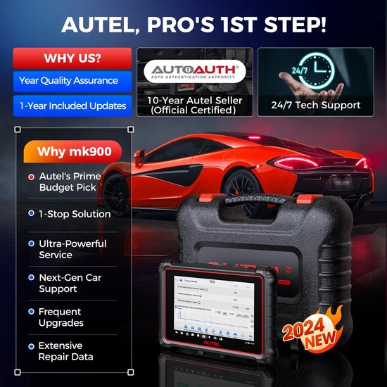 Autel MK900 diagnose tablet naast een zwarte koffer en een rode sportauto. Tekst: 'Autel, Pro's 1st step!' en '2024 NEW'.