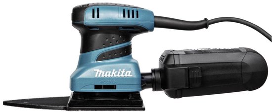 Turquoise en zwarte Makita schuurmachine met snoer en delta schuurzool.