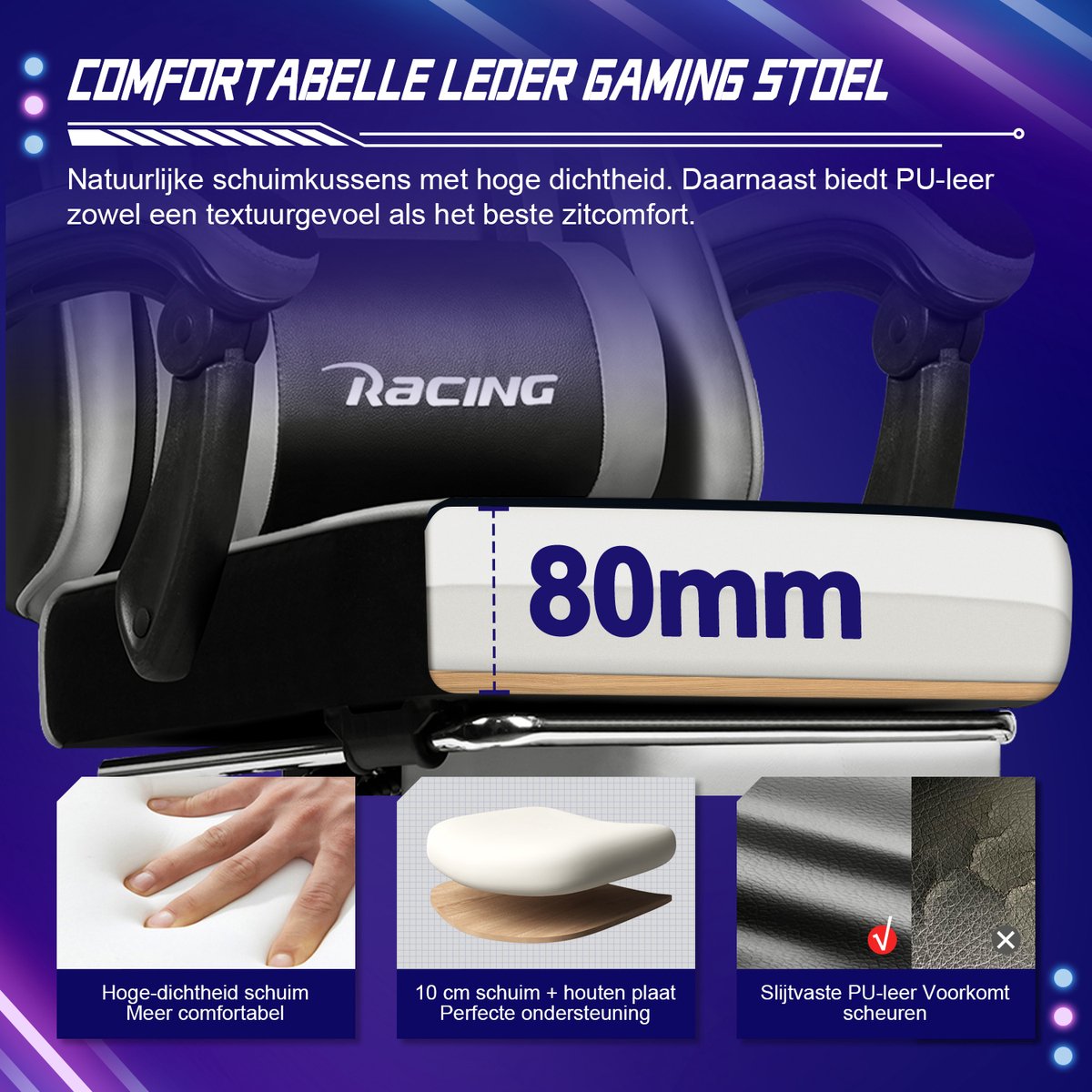 Afbeelding 3 van Elekiatech Gaming Stoel - Gamestoel mit 90°-170° Rugleuning - Gaming Chair met Inklapbare Voetensteun - Game Stoel met Zachte Armleuningen - Max. Draagvermogen 150 kg