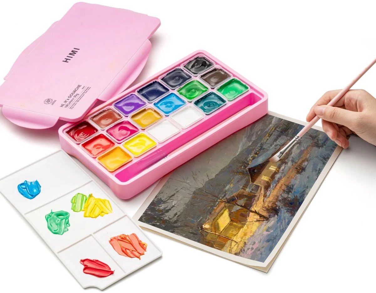 HIMI - Gouache - set van 18 kleuren - 30gr - 3 penselen - Roze — afbeelding 6