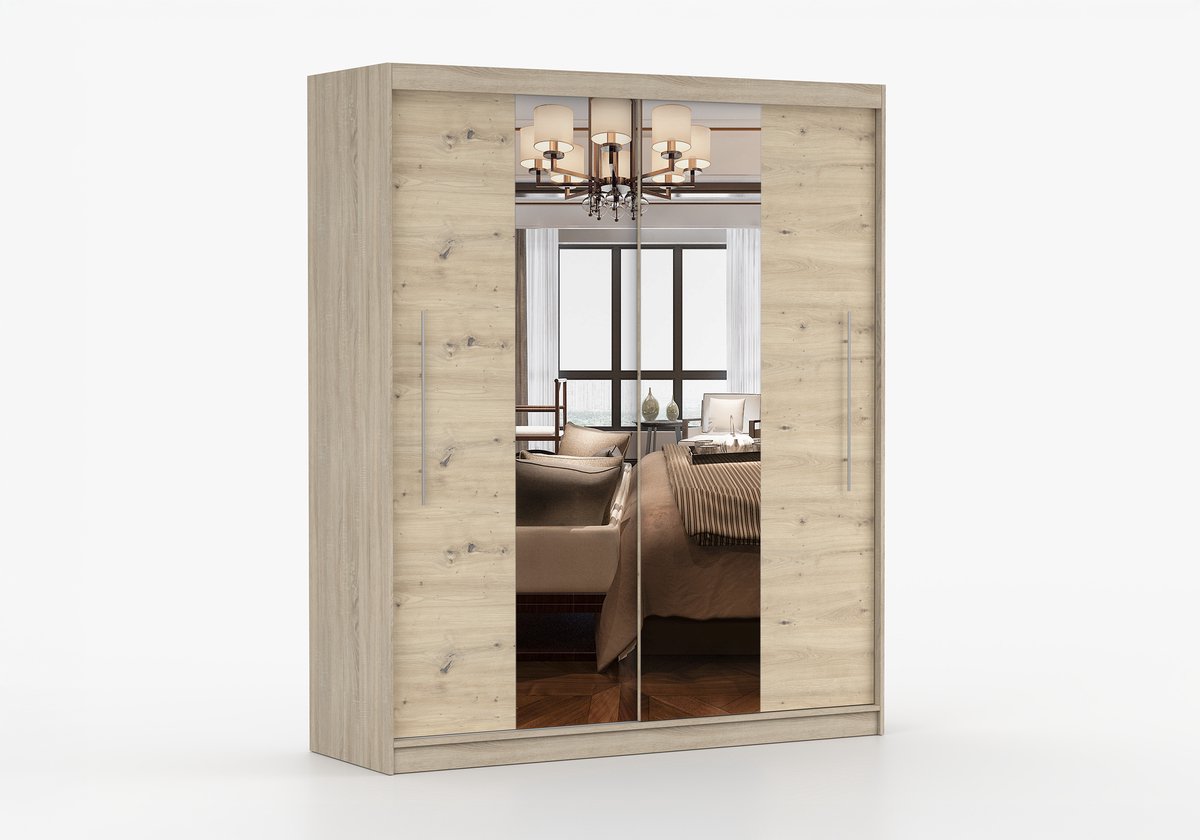 Kledingkast NICO I 203 cm - 2-deurs schuifdeurkast met spiegel en kledingstang - Garderobekast met ruime opbergruimte - Moderne kast voor slaapkamer en hal (Sonoma + Artisan)