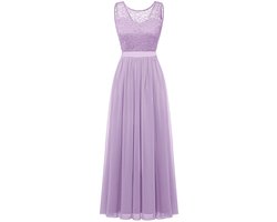 Lange Mouwloze Damesjurk met Kant en Chiffon - Bloemenkant Bovenstuk - Maxi Jurk met Satijnen Strik - Formele Avondjurk voor Bruiloft, Feest of Gala - Vloerlengte - Elegant & Comfortabel - Lavender