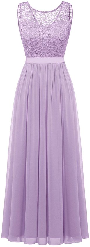 Lange Mouwloze Damesjurk met Kant en Chiffon - Bloemenkant Bovenstuk - Maxi Jurk met Satijnen Strik - Formele Avondjurk voor Bruiloft, Feest of Gala - Vloerlengte - Elegant & Comfortabel - Lavender