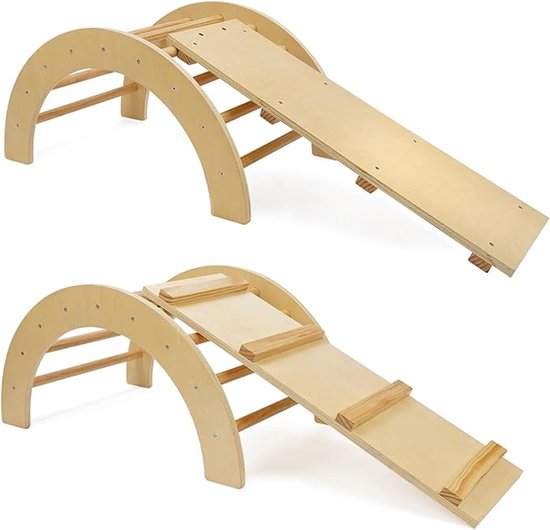 509 Crew Zoo 2-in-1 klimboog met glijbaan/klimplankset, indoor en outdoor speelhal, Montessori-klimrek, kleur: natuur