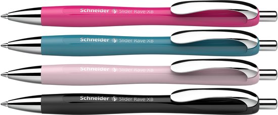 Vier Schneider Slider Rave balpennen in fuchsia, turquoise, lichtroze en zwart, met zilveren clips.